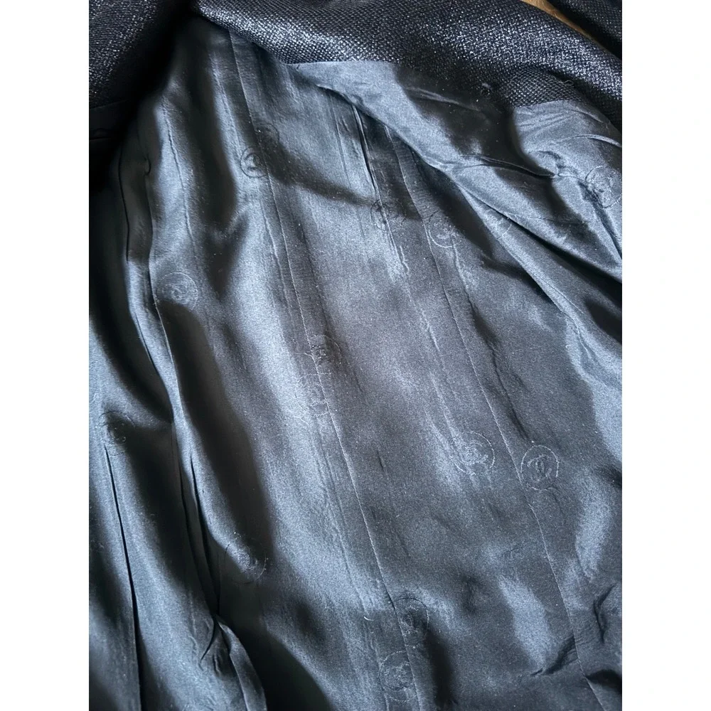 Chanel Vintage 99A Black Wool‎ Blend Long Coat Silk Lined CC Buttons Size 40